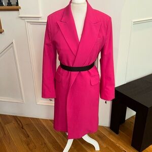 Hot pink blazer dress with black belt